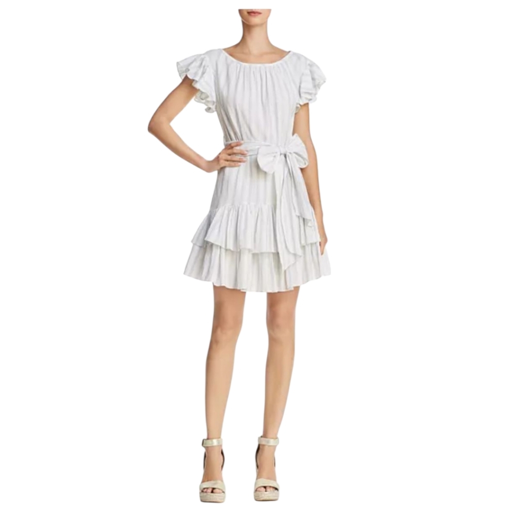 REBECCA TAYLOR Striped Ruffle Dress White/Blue Tiered SZ 12